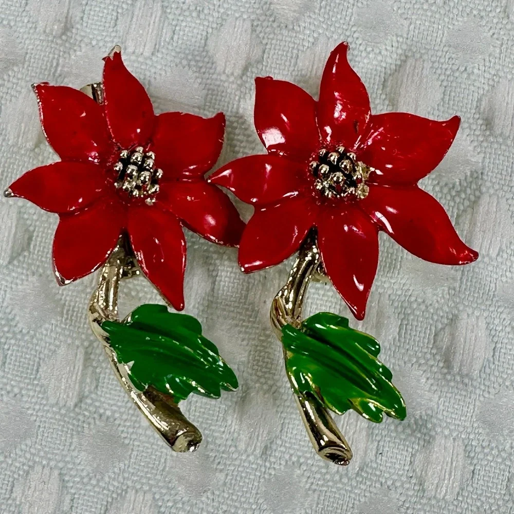 Christmas Holiday Brooch Pin Set Poinsettia Candy Cane Tree‎ Rhinestone Festive